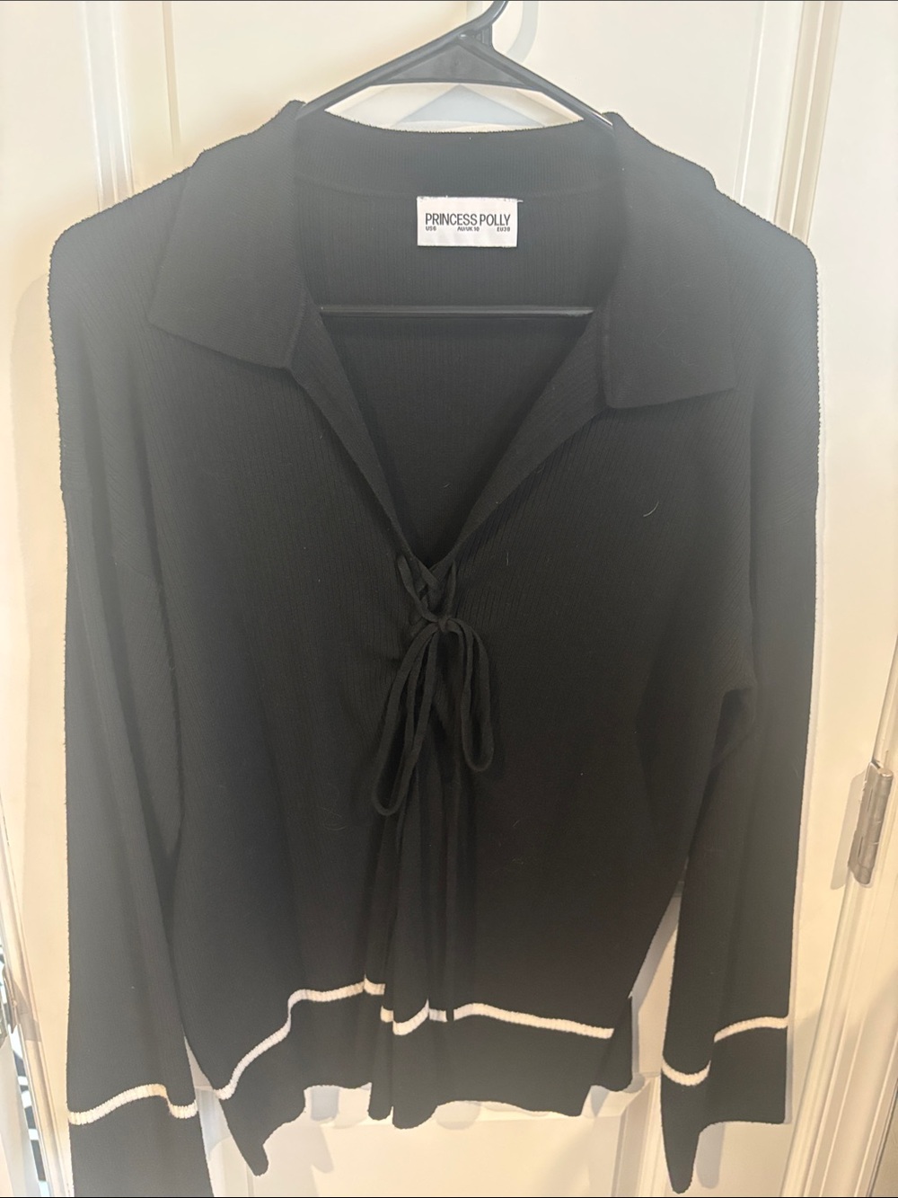 Princess Polly Black Knit Tie-Front Sweater with White Trim